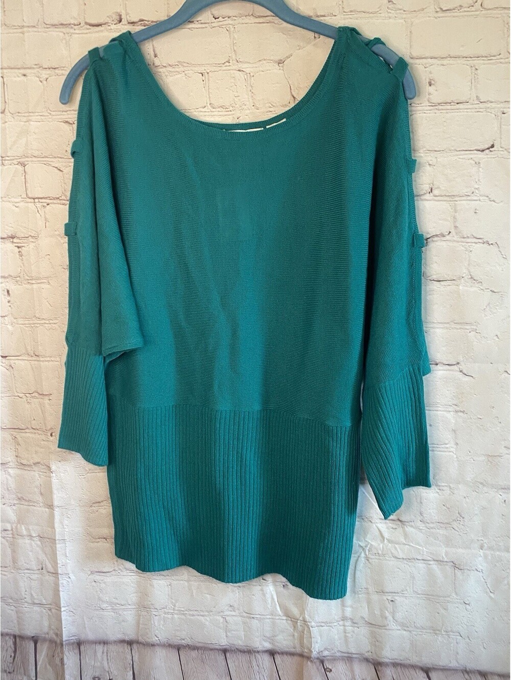 Women Top $58 Sz L Aqua Ribbed Kimono Sleeve Rayon Blend Knit Sweater